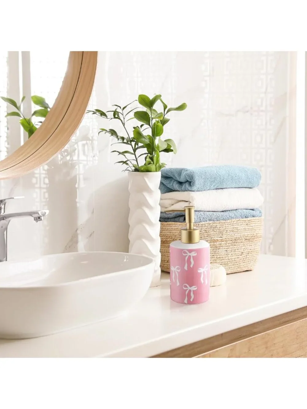 Cute Pink Bow Soap Dispenser - Ceramic Hand Pump, Rust-Proof, Preppy Bathroom